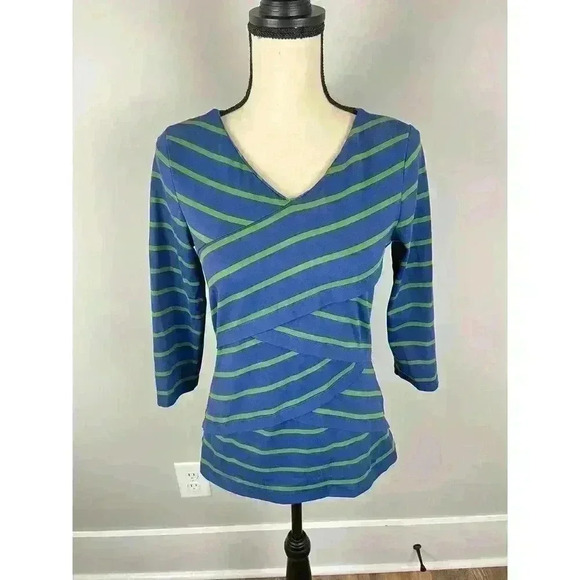 J. Mclaughlin Catalina Cloth 3/4 Sleeve Blouse Spandex Blue Green Striped Size S - Picture 1 of 14